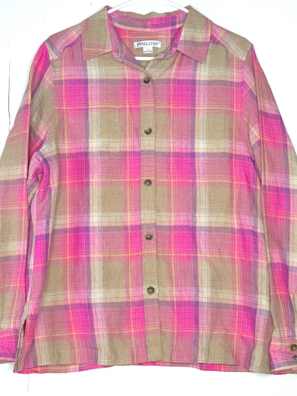 Pendleton Pink Plaid Long-Sleeve 100% Linen Button Down Shirt Women's L Country